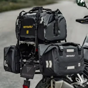 Pack Alforjas moto Impermeables 30L + Bolso Trasero 40L Moto | Kit Viaje 100L Negro