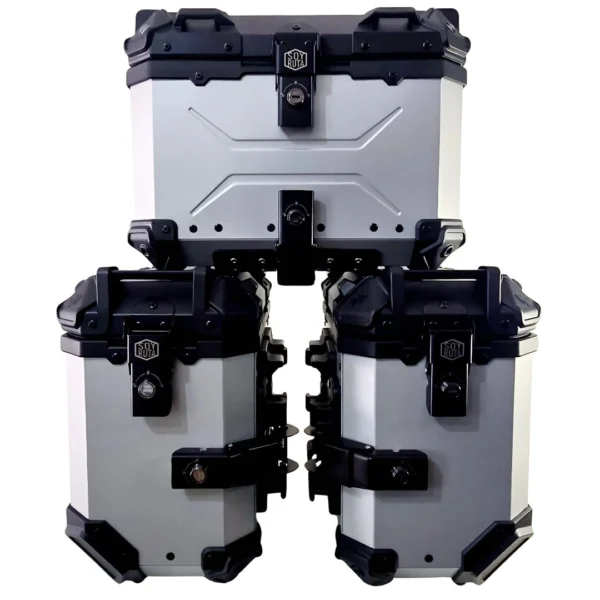 PACK Maletas laterales 72L + Top case 45L aluminio universal GRIS SOYRUTA (1) PACK Maletas laterales 72L + Top case 45L aluminio universal GRIS