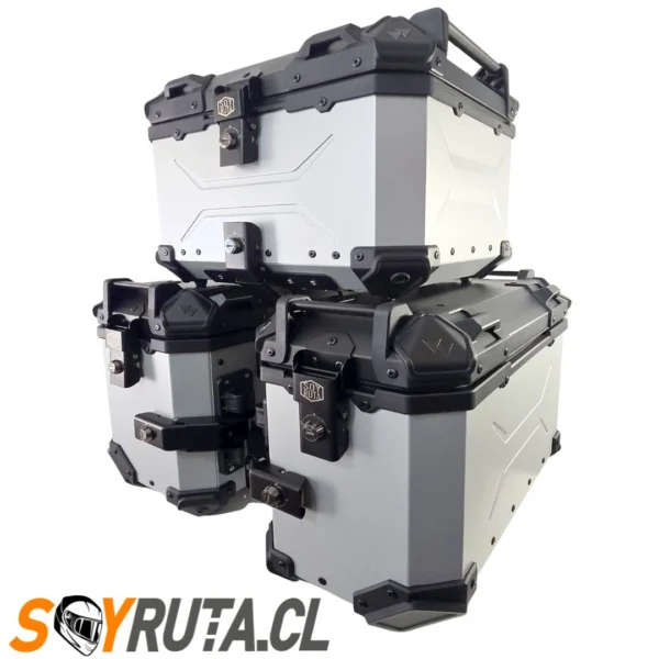 PACK Maletas laterales 72L + Top case 45L aluminio universal GRIS SOYRUTA (4) PACK Maletas laterales 72L + Top case 45L aluminio universal GRIS