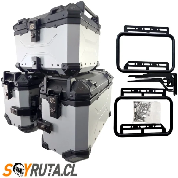 PACK Maletas laterales 72L + Top case 45L aluminio universal GRIS SOYRUTA (5) PACK Maletas laterales 72L + Top case 45L aluminio universal GRIS