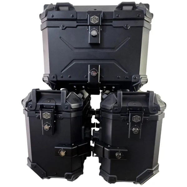 PACK Maletas laterales 72L + Top case 45L aluminio universal NEGRO SOYRUTA (1) PACK Maletas laterales 72L + Top case 45L aluminio universal NEGRO