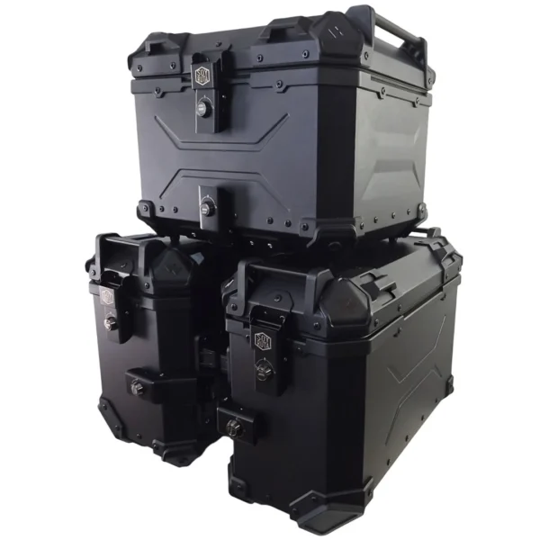 PACK Maletas laterales 72L + Top case 45L aluminio universal NEGRO SOYRUTA (2) PACK Maletas laterales 72L + Top case 45L aluminio universal NEGRO